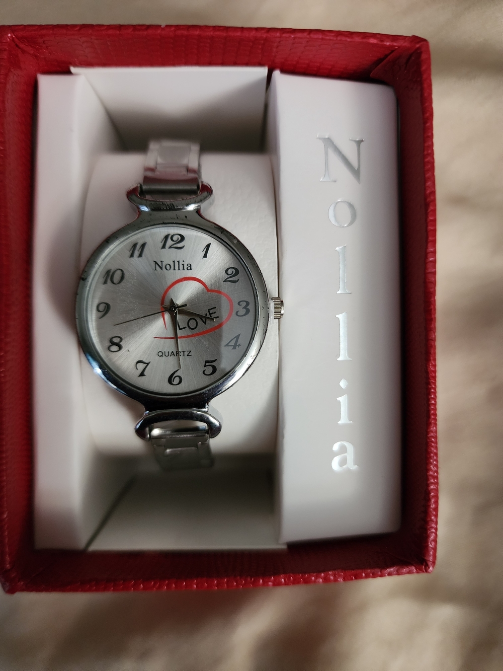 Nollia Silver-Tone Women's Quartz Watch with Red Heart Accent